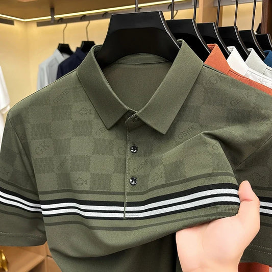 Men's Grid Jacquard Polo - Stripe Sleeve, Wrinkle-Free Office Wear