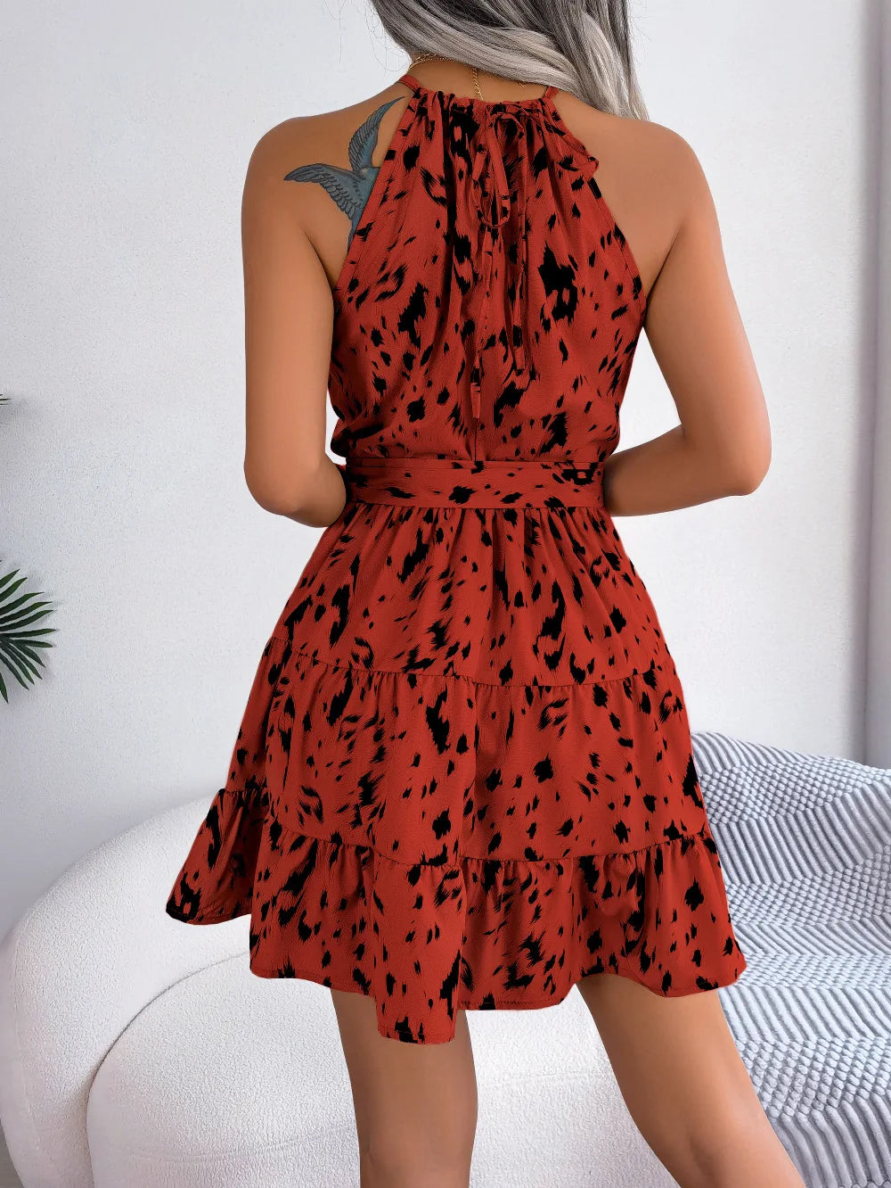 Women's Leopard Print Ruffled Halter Mini Dress – Sexy Spring Summer Fashion Dress