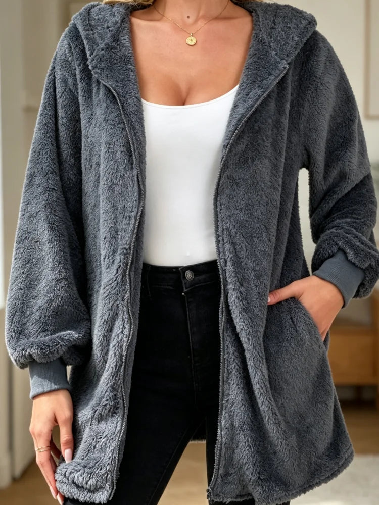 Women's Plush Zip Up Hoodie Jacket - Loose Fleece Coat with Pockets - photo 3