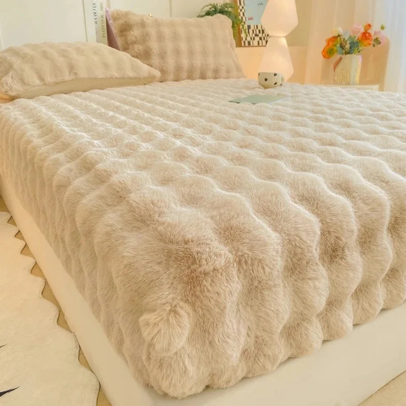 Fluffy Plush Fitted Bed Sheet for Winter Solid Color Rabbit Fleece Bed Sheets on Elastic Winter Warm Thicken Mattress Protector
