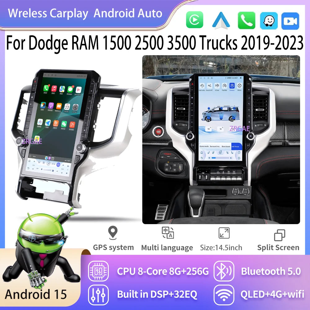 Android 15 Car Radio for Dodge Ram 1500/2500/3500 2019-2023 - 14.5" Tesla-Style Screen
