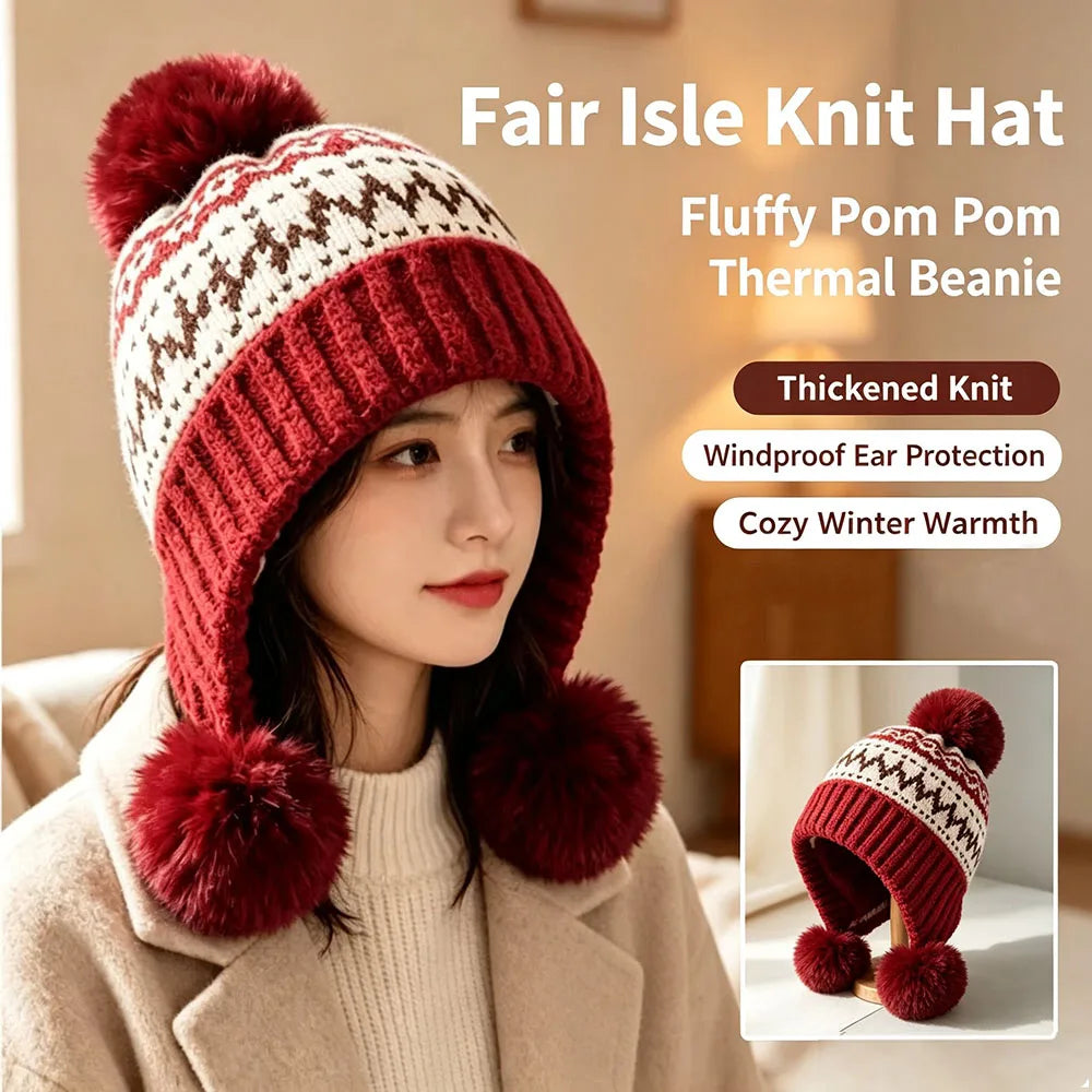 Women Winter Hat - Thickened Warm Beanie With Ear Protection Cold Proof Knitted Cap For Christmas Gifts Red Grey