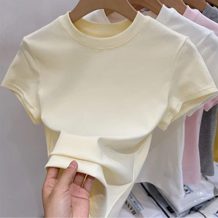Zjaiss 2026 O-Neck Fashion T-Shirt Summer Sexy Basic Top Solid Short Sleeve Womens Tshirt Casual Korean Tee Streetwear