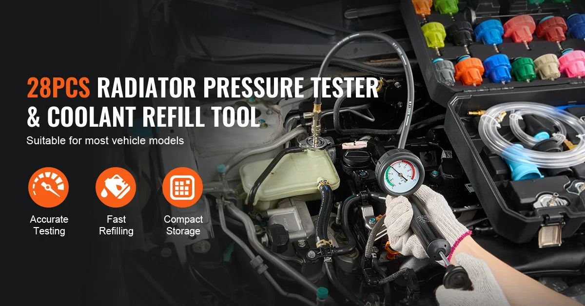 SucceBuy 28 Pcs Universal Radiator Pressure Tester Kit Manual Pump Color-coded Steel Test Cap Adapter Toolbox For Car Motorcycle
