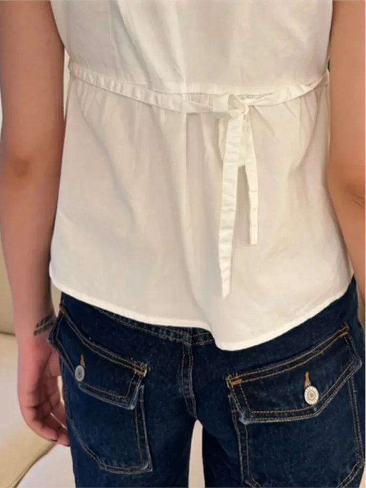 White Lace Tied Square Neck Summer T-shirts Chic Elegant Short Sleeve Tee Cotton Y2K Street Casual Bow Tie-up Top Women