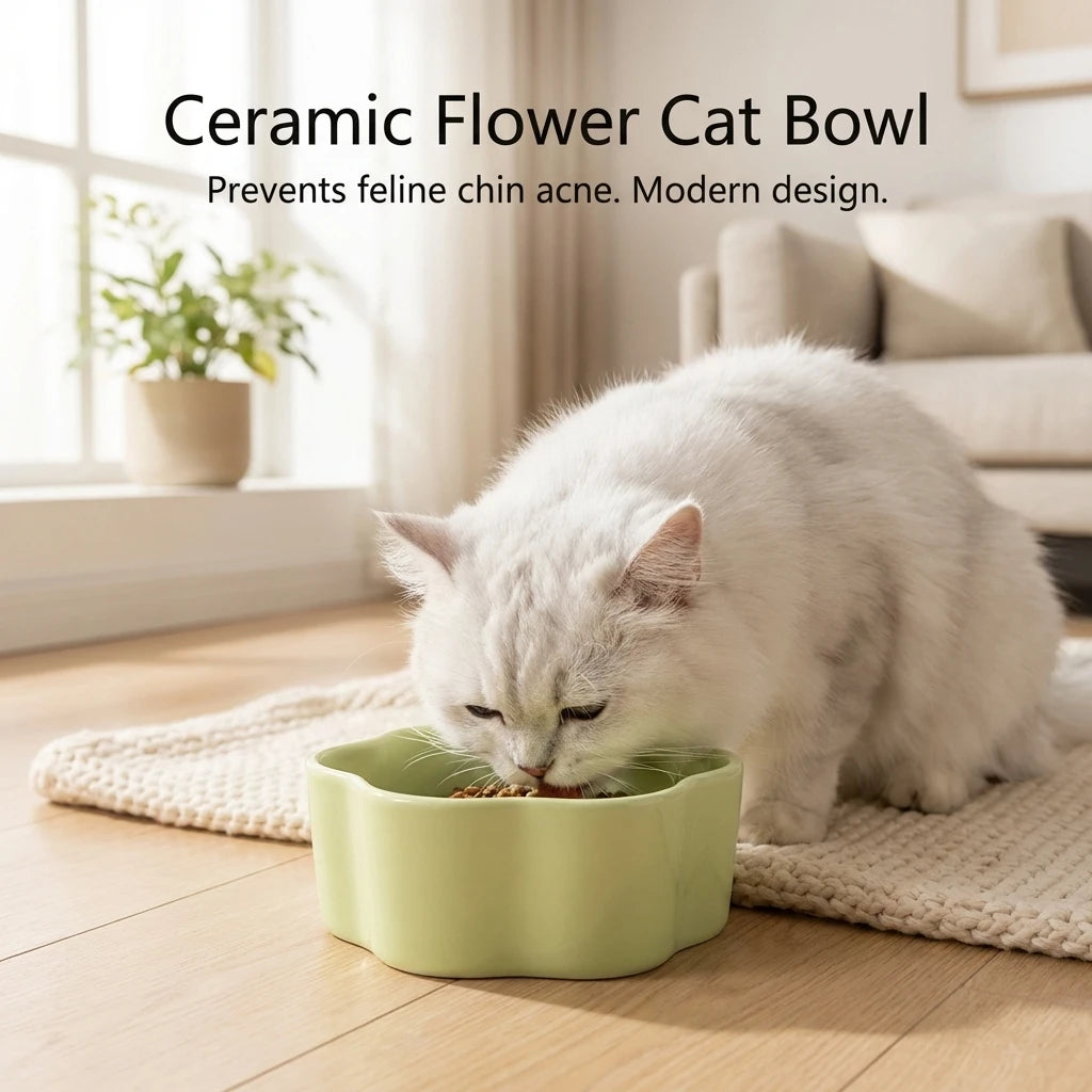 Flower-Shaped Ceramic Cat Bowl - Anti-Tip Food Dish