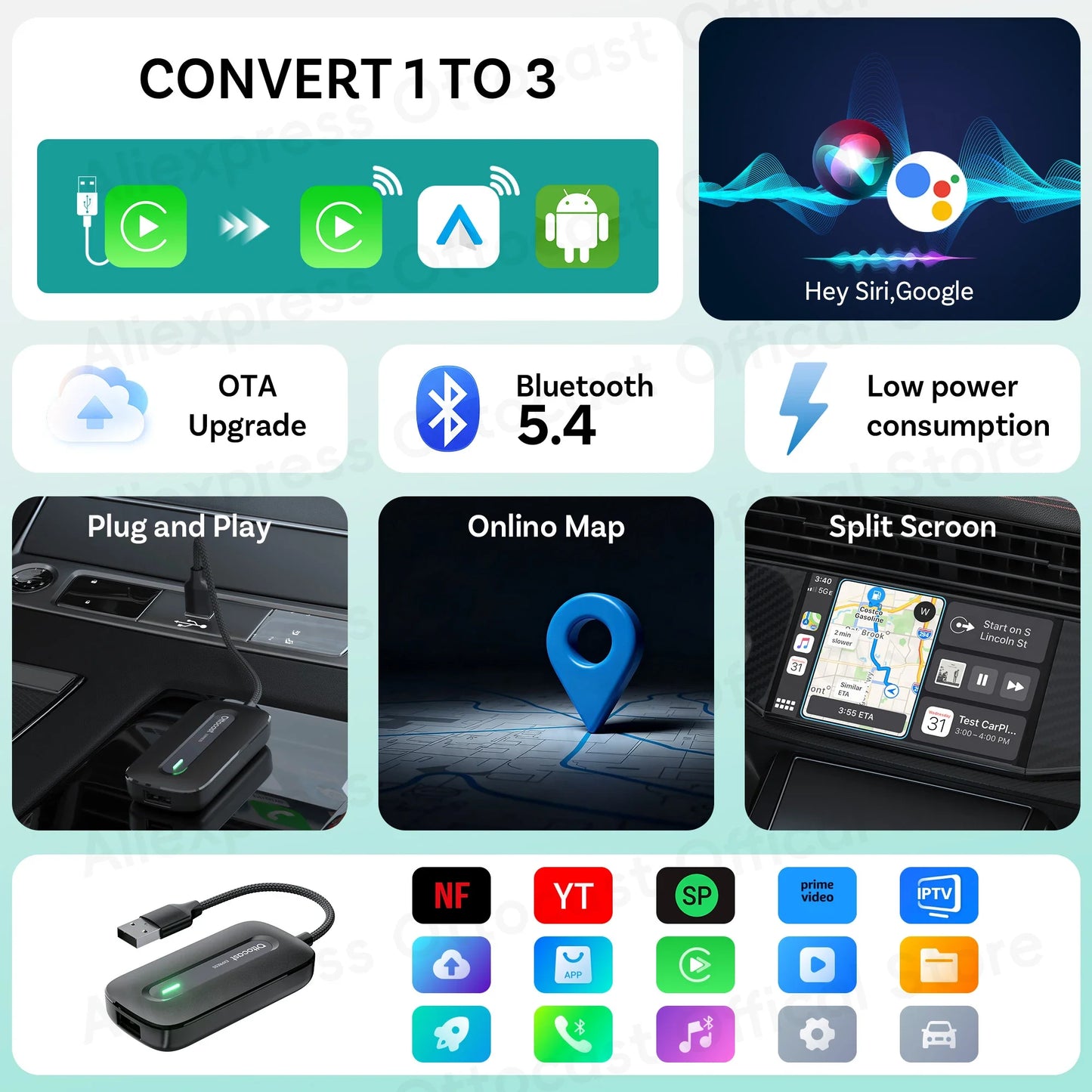 OTTOCAST Play2Video Express Wireless CarPlay & Android Auto Adapter — Streaming App Support