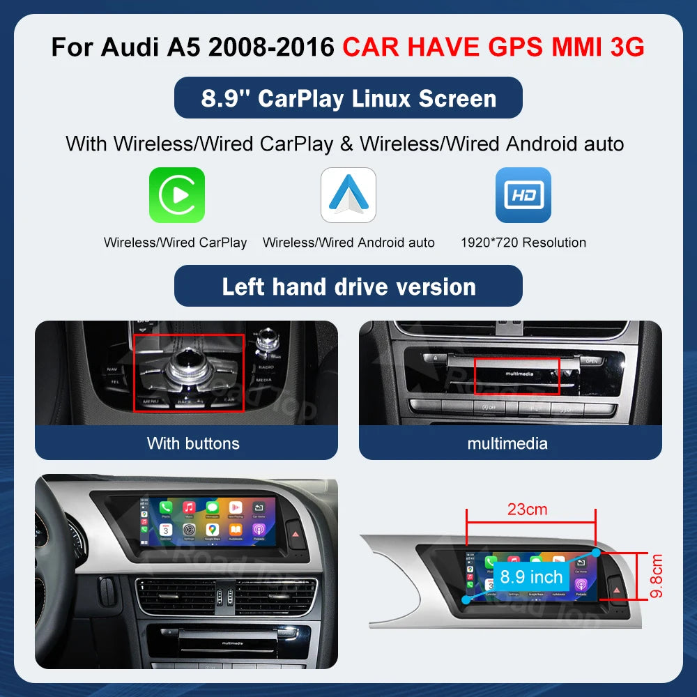 8.9 Inch 12.3"" Multimedia Display Touch Screen For Audi A5 S5 2008-2016 Airplay Miracast Function Wireless Carplay Android Auto
