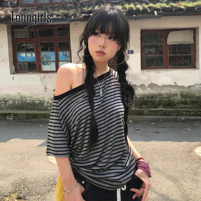 Tonngirls Y2K Striped Off-Shoulder Tee - Women's Grunge Streetwear Top