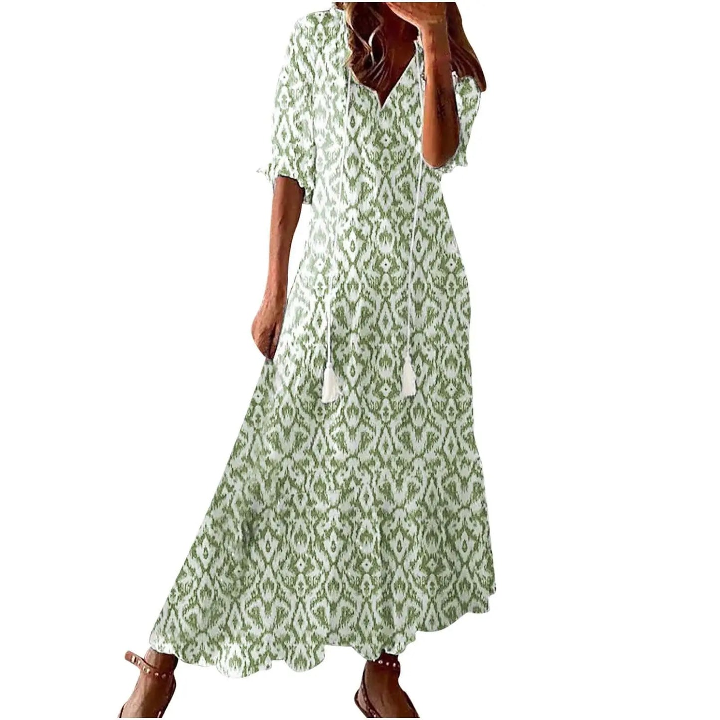 Women's Boho Maxi Dress – Casual V-Neck Drawstring Long-Sleeve Printed Bohemian Dress