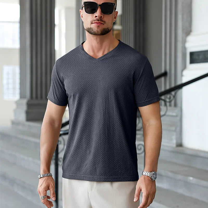 Men's Ice-Silk V-Neck Tee - Jacquard Quick-Dry, Casual Daily Wear