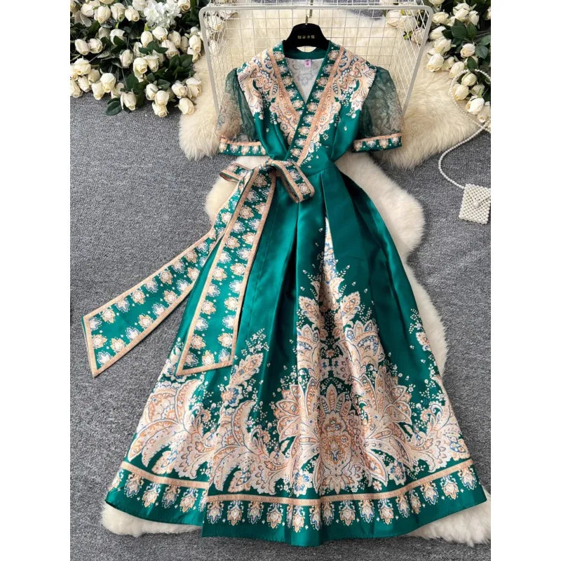 Vintage Dresses French Retro Style Printed Dress Women's Summer Tie High Street Design Chic Long Fashion Vestidos