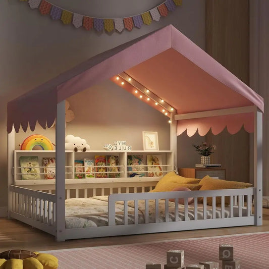 Full Size Wooden Loft Bed for Kids with Stairs, Storage Shelves, Curtain, and LED Lights, White & Pink