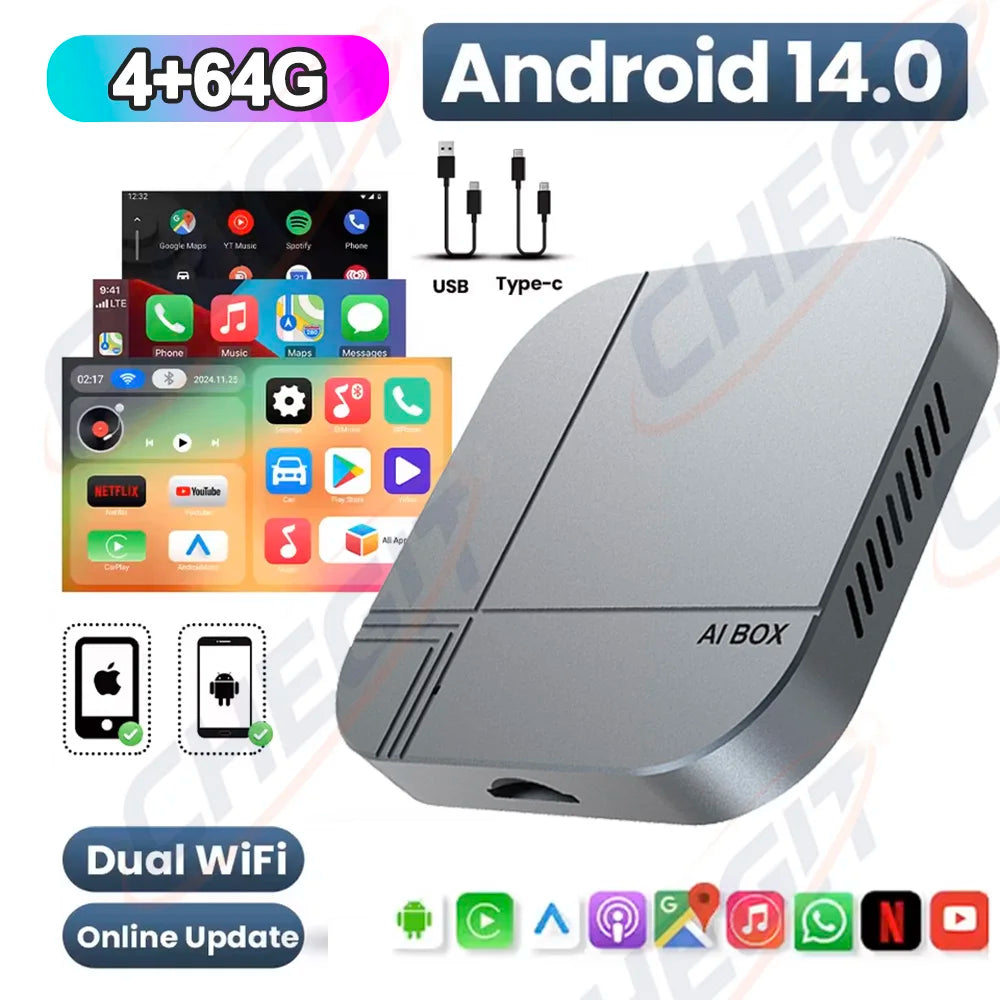2026 Android AI Box 4G+64G/2G+32G Wireless CarPlay Adapter Android Auto TV Box For Youtube Netflix For VW Toyota Hyundai Ford