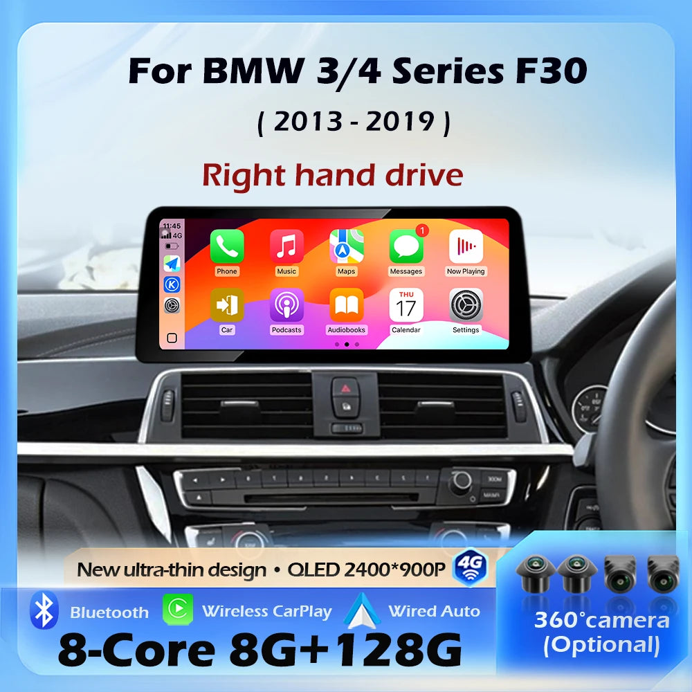 12.3" Right-Hand-Drive Wireless CarPlay & Android Auto Screen, Compatible with BMW 3 4 Series F30 F32