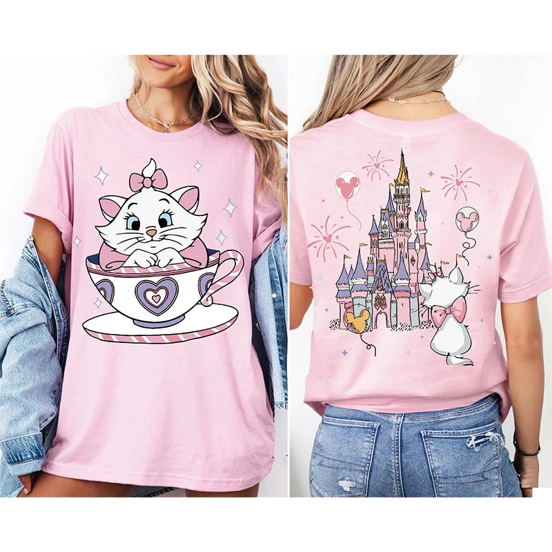 2026 Summer New The Aristocats Cartoon Anime Printed T-shirt Women's Fashion Casual T-shirt Mary Cat Crazy Teacup Party Shirt