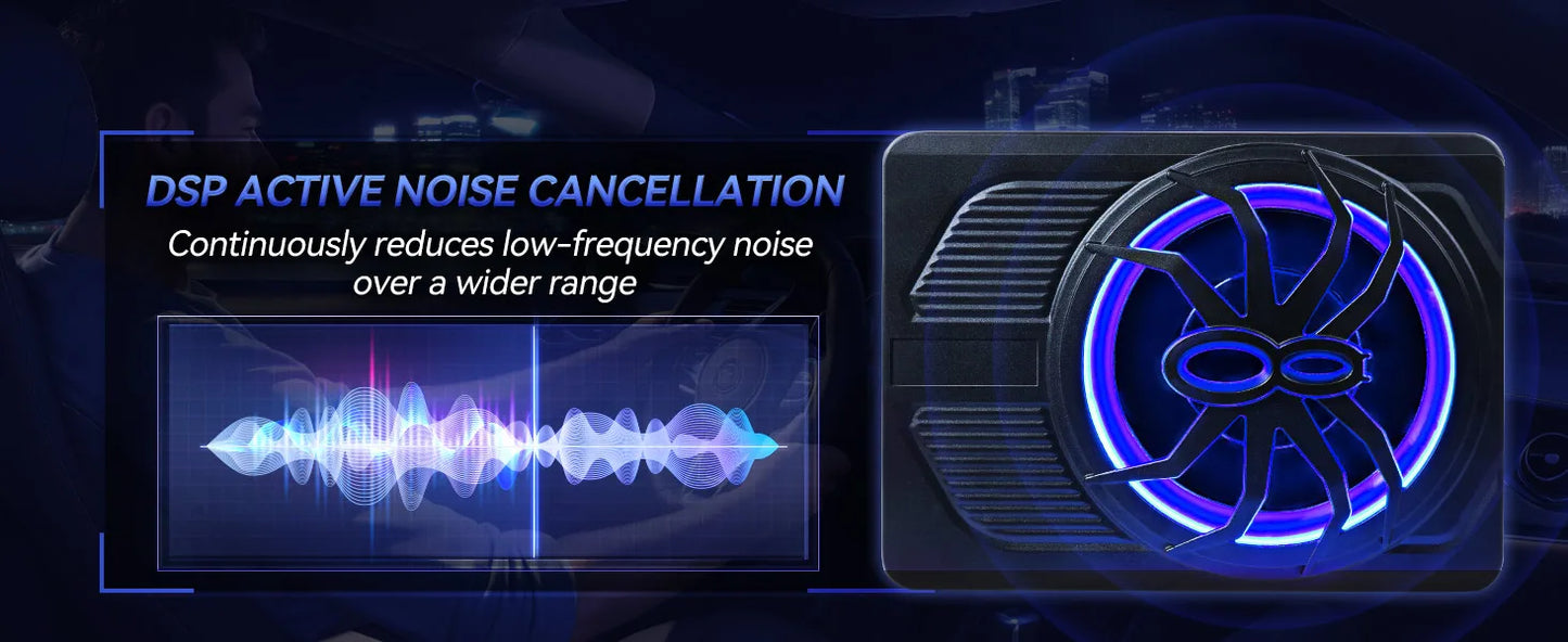 1000W 10" Slim Under Seat Subwoofer Spider Style Powered Bass Speaker with Amplifier Blue Light for Car Truck SUV