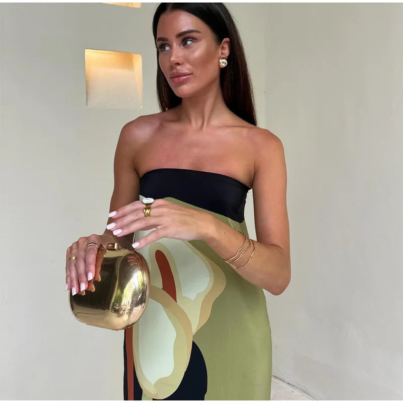 2026 Summer Women Strapless Backless Flower Printed Long Dress Women Sleeveless Off Shoulder Vestidos Plus Size S-3XL Streetwear