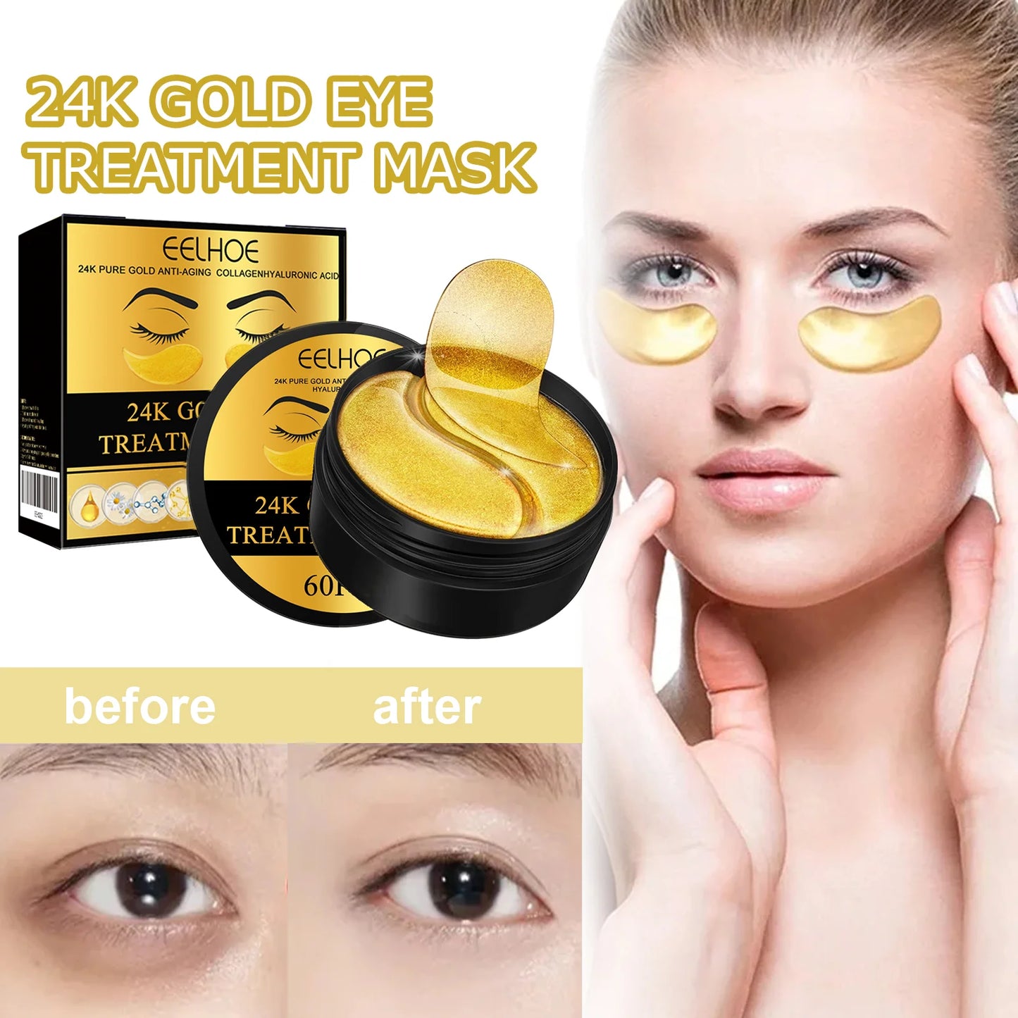 60PCS 24K Gold Eye Mask Anti Dark Circles Removal Eyes Bags Moisturizing Firming Eye Patches Eyes Skin Care Products