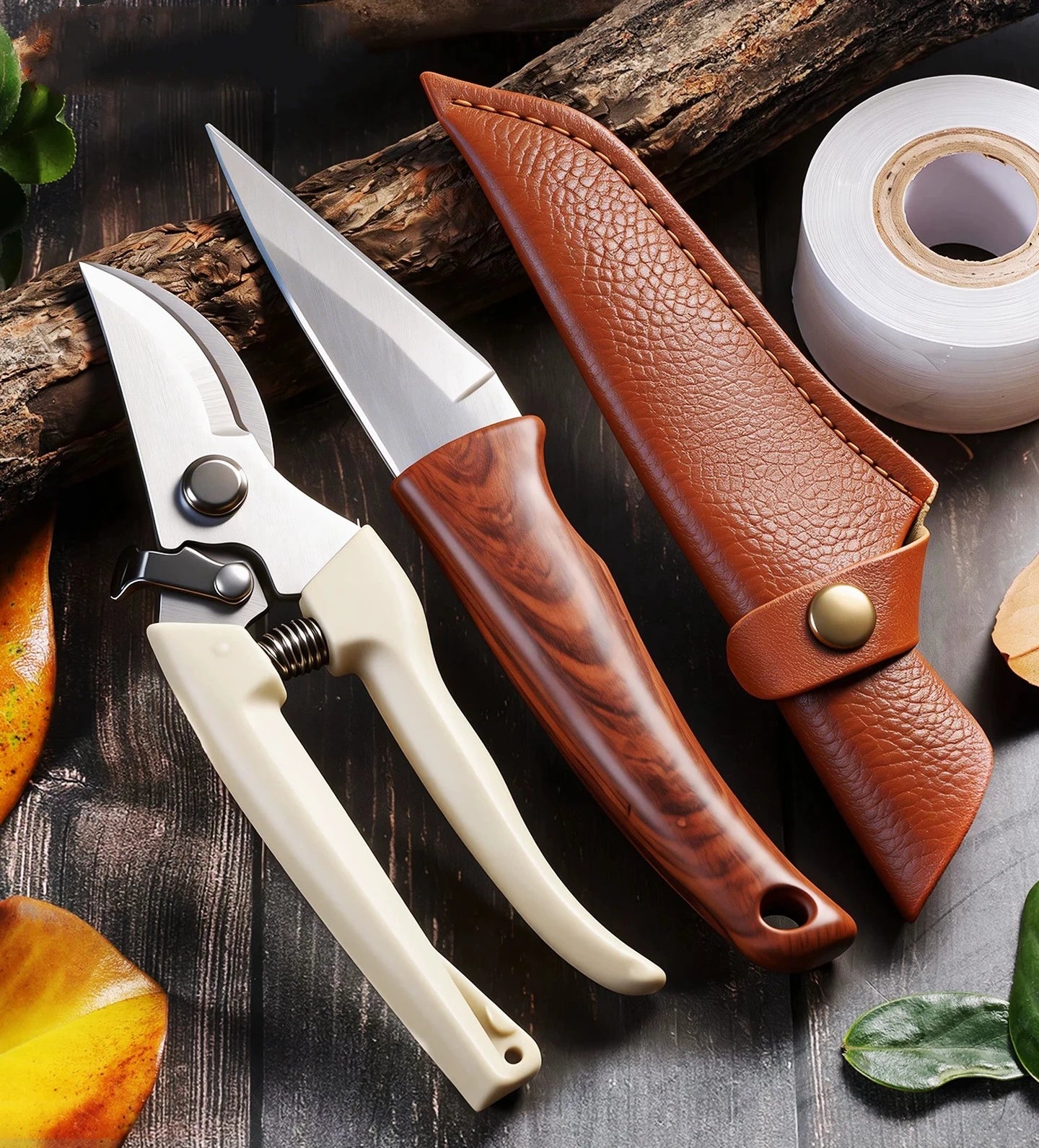 Garden grafting and budding knife with wooden handle