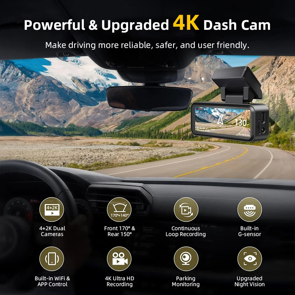 Acceo 4K Dashcam WIFI GPS CAR Video Recorder Dual Lens Support 2.5K Rear Camera Night Vision 24H Parking Monitoring Black Box