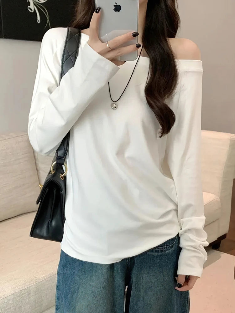 Women's Oversized Off-Shoulder Long-Sleeve Top — Casual Korean Basic Tee