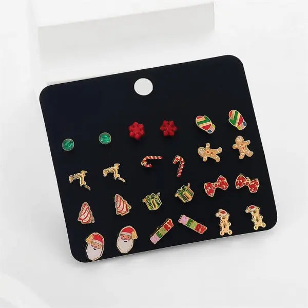 12/20 Pair Christmas Earring Set For Women Shiny Crystal Zircon Snowflake Elk Bowknot Elk Xmas Tree Earring Girl New Year Gifts