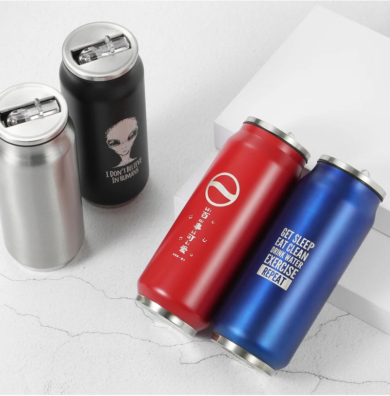 500ML 304 Stainless Steel Cola Can Thermos Custom LOGO Vacuum Cup Flask Portable Double Layers Straw Cup Water Bottle Mug