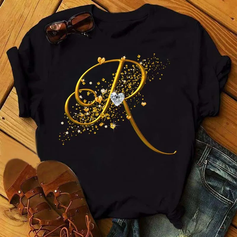 Women's Personalized Letter Graphic Tee — Gold Diamond-Font Monogram Short-Sleeve Top