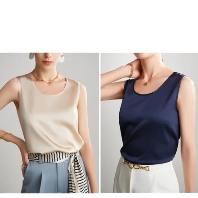 Summer Satin Mulberry Silk Tank Top Casual Versatile Champagne Tops Woman 2026 New Fashion Elegant Vest Loose Sleeveless T-shirt