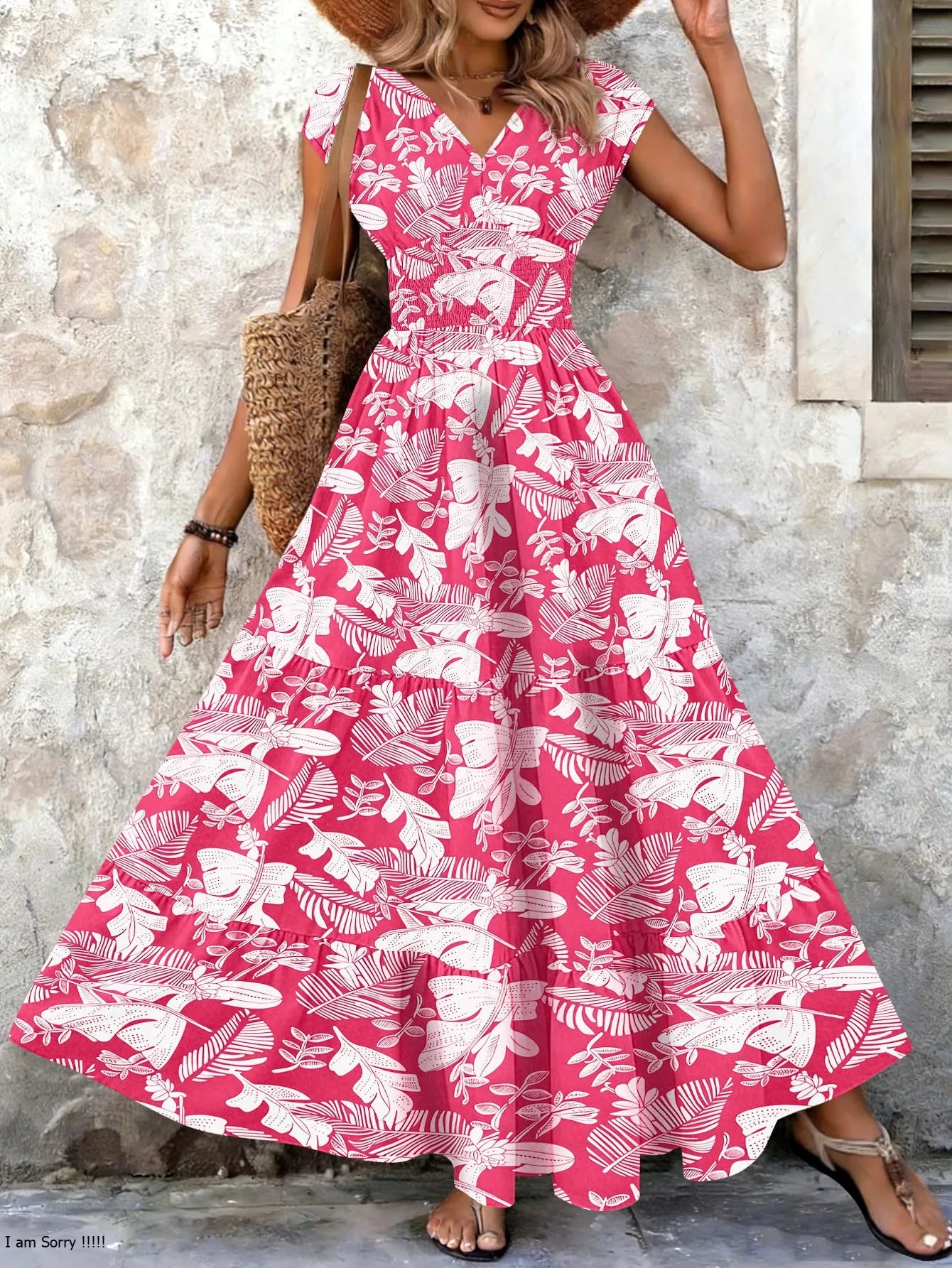 Women's Vintage Floral Print Maxi Dress – Elegant V-Neck Short-Sleeve Floor-Length Gown