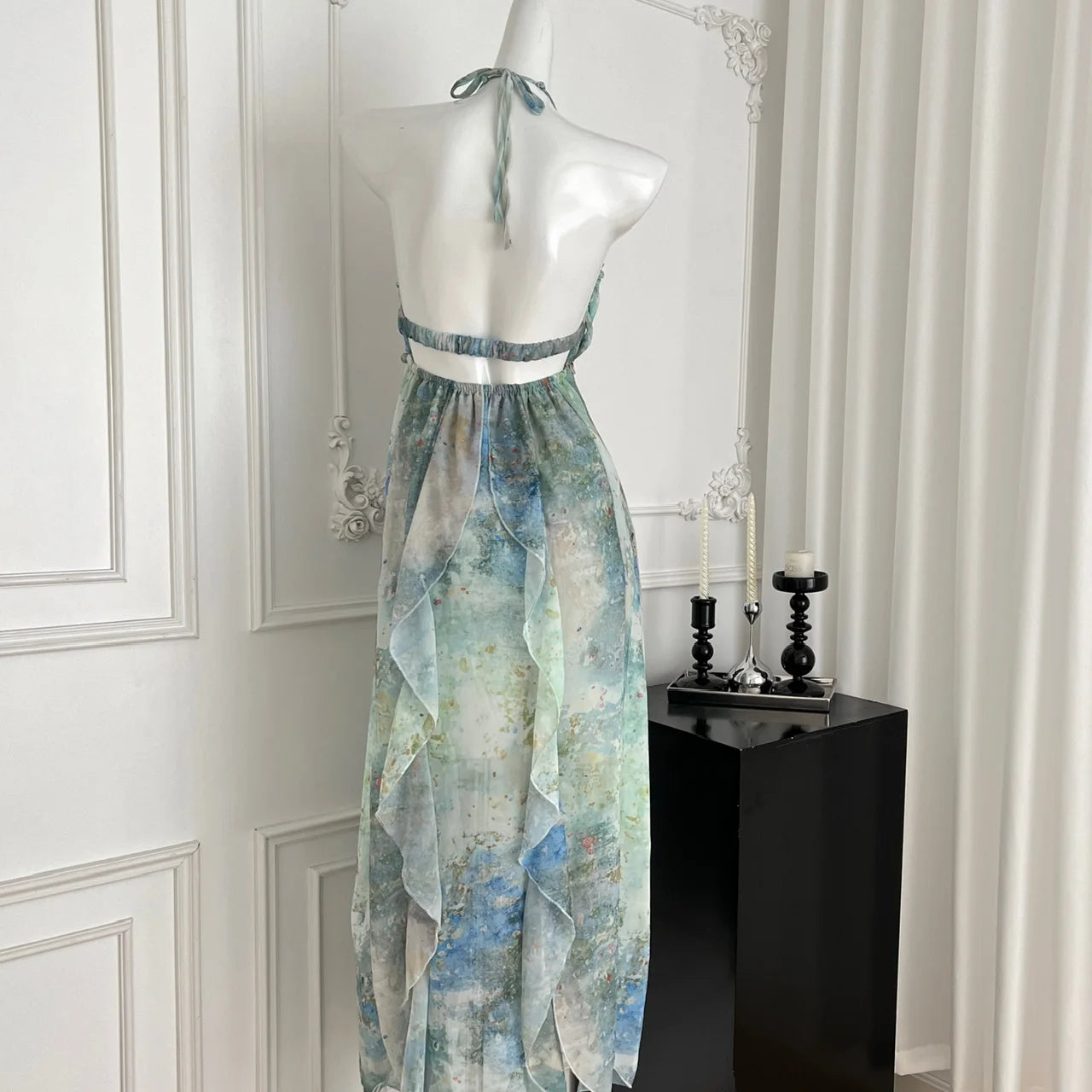 2026 Elegant Halter Neck Ruffled Maxi Dress Women Blue Green Floral Print Bohemian Design Beach Vacation Casual Party Dress New