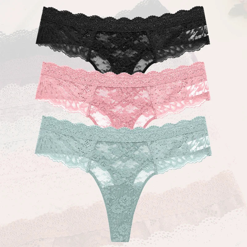 3-Pack Floral Lace Thongs – Soft Low-Rise Seamless Panties