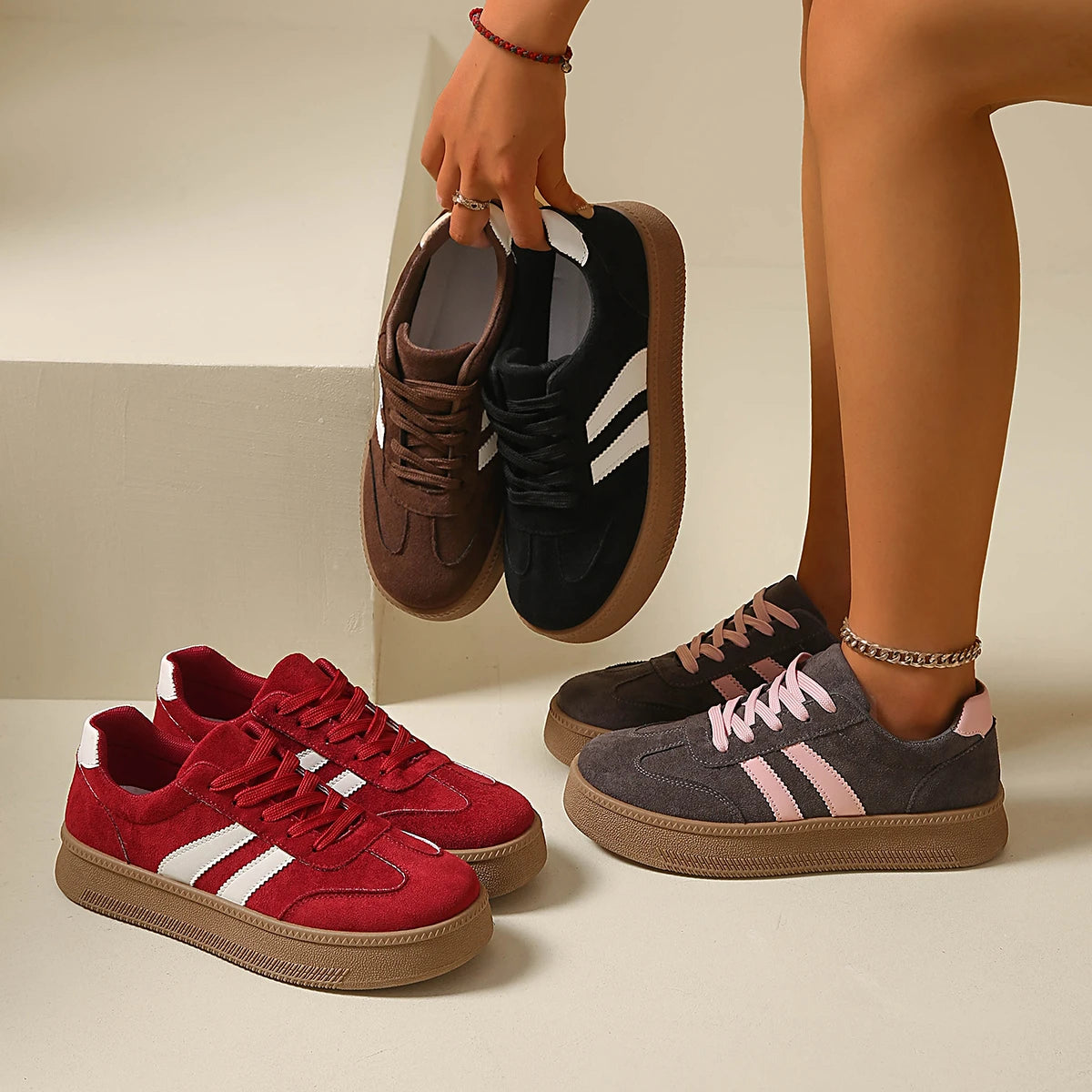 Suede Platform Sneakers for Women — Non-Slip Breathable Lace-Up Walking Shoes