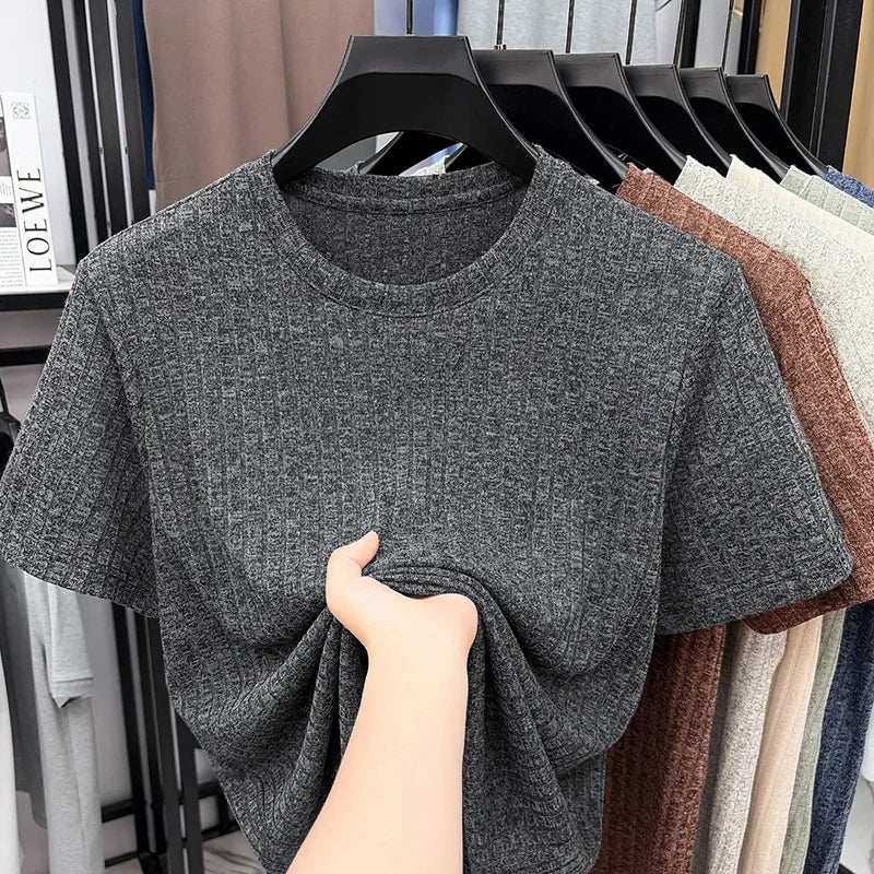 Men's Vertical Ribbed Tee - Crew Neck, Soft Elastic Daily Fabric