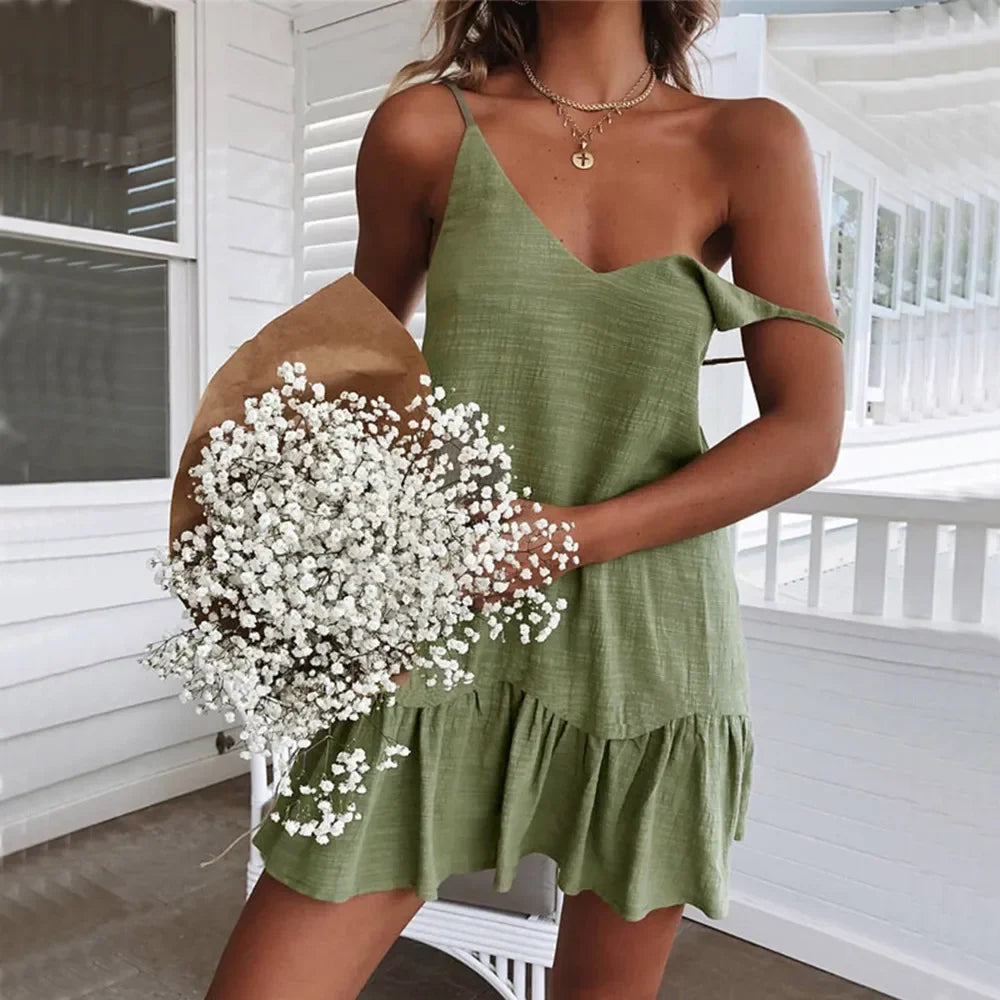 Dress Women Sexy Spaghetti Strap Ruffle Summer Dress 2026 Cotton Linen Vestidos Green Dresses Off Shoulder Sexy Mini Sundress