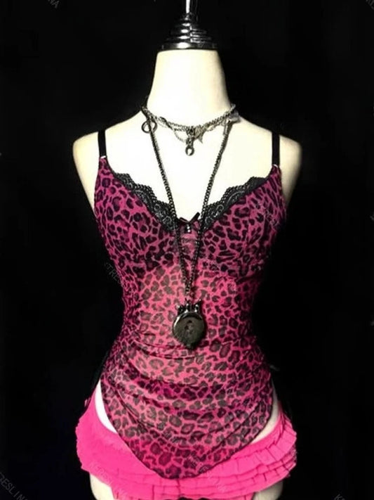 Women's Leopard Lace Cami — Y2K Patchwork Sleeveless Beach Tank Top