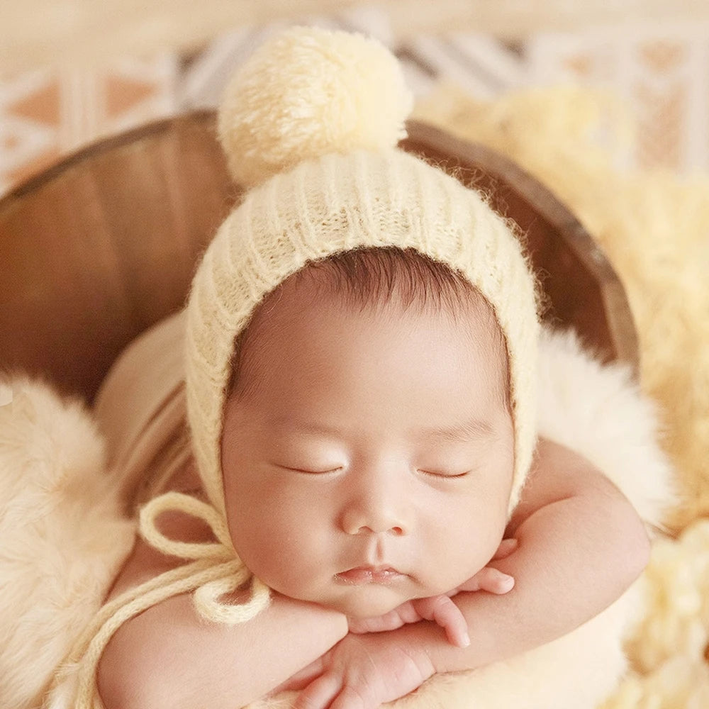 Newborn Pixie Pom Pom Bonnet - Knit Baby Photo Prop Hat - photo 5