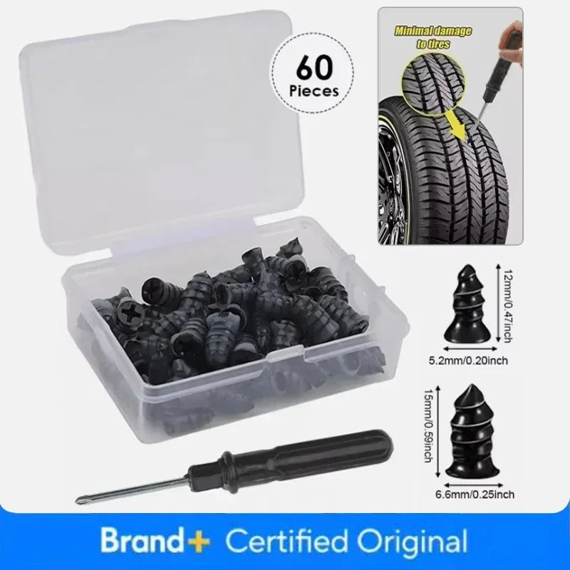 61x Car Tubeless Vacuum Tyre Puncture Repair Kit Screw Nails Tire Patch Plug Fix Tools With Screwdriver & Convenient Storage Box
