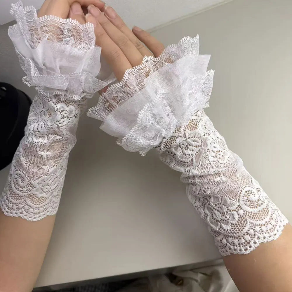 1 Pair Women Lolita Jk Lace Fingerless Gloves Black Gothic Fake Sleeves Trendy Elastic Long Lace Arm Sleeves Clothes Decoration