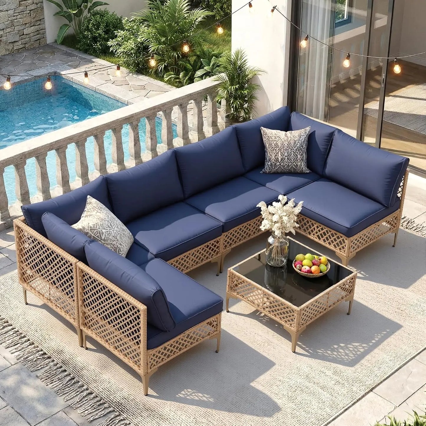 7-Piece Wicker Patio Sectional Sofa with Cushions & Glass Coffee Table for Porch Garden Backyard, Customized