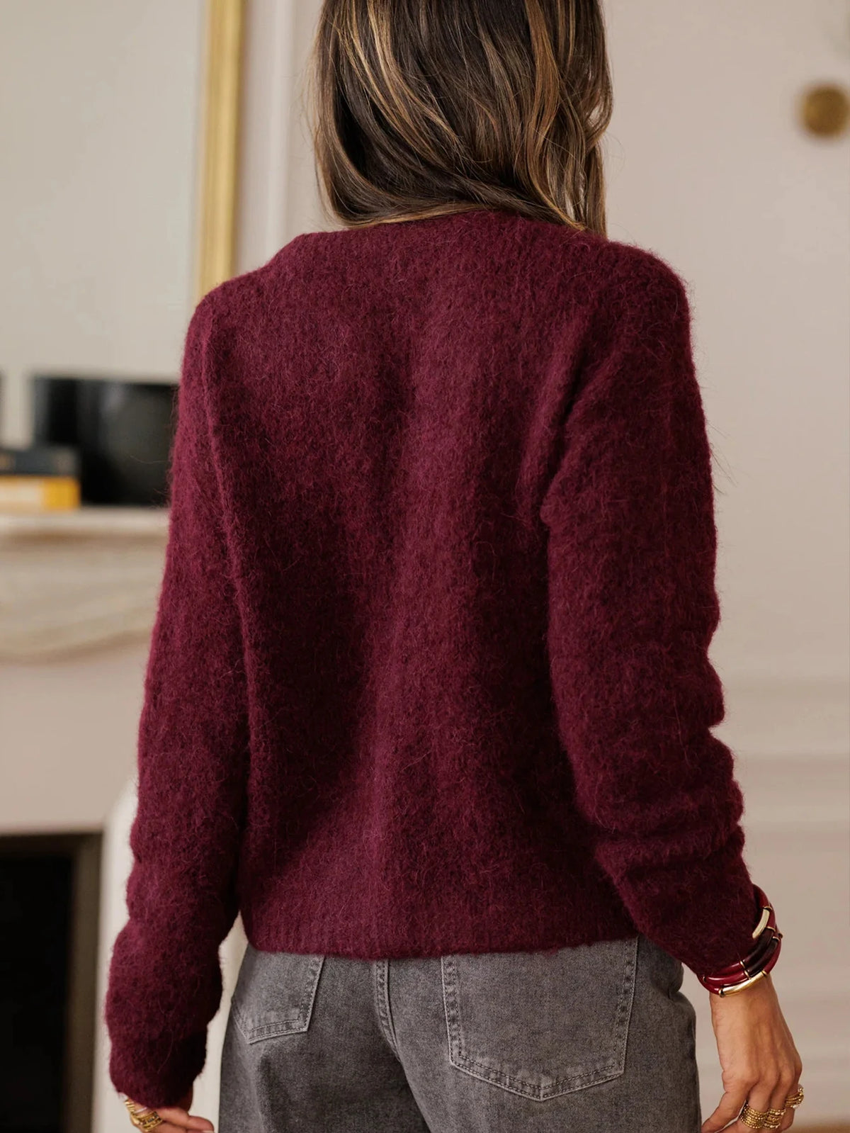 New Autumn/Winter Women's Cardigan Sweater, Burgundy Fitted Round Neck Knit Cardigan, Casual and Elegant, Versatile for Commuting