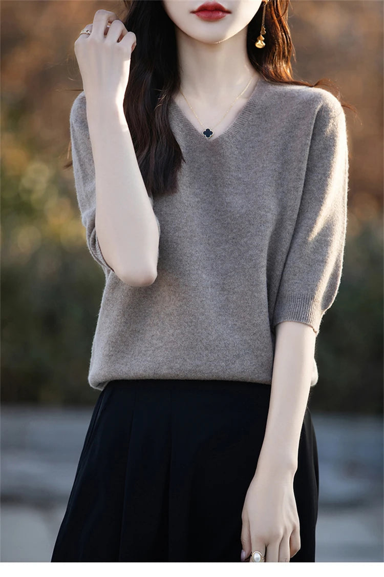 RONGYI Spring/Summer 2026 Ladies Sweater Pullover Solid Color V-neck Half-sleeved Knitted Cashmere Sweater Thin Casual Top
