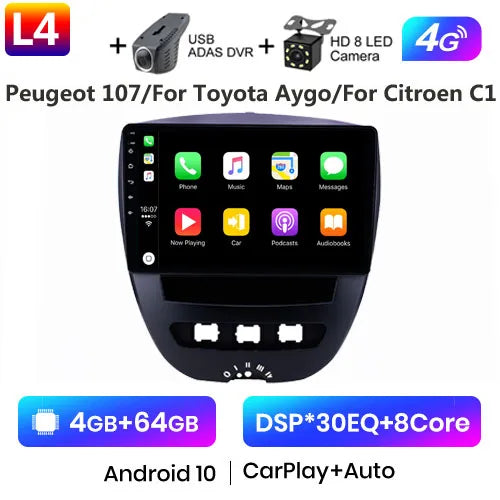Android 10 2 Din Car Multimedia Player For Peugeot 107 Toyota Aygo Citroen C1 2005-2014 Head Unit Stereo GPS Navigation BT WIFI
