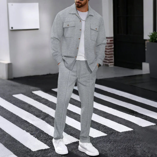 Men's casual two-piece waffle texture suit (including button-down top and elastic waist pants) - fashionable street casual sport