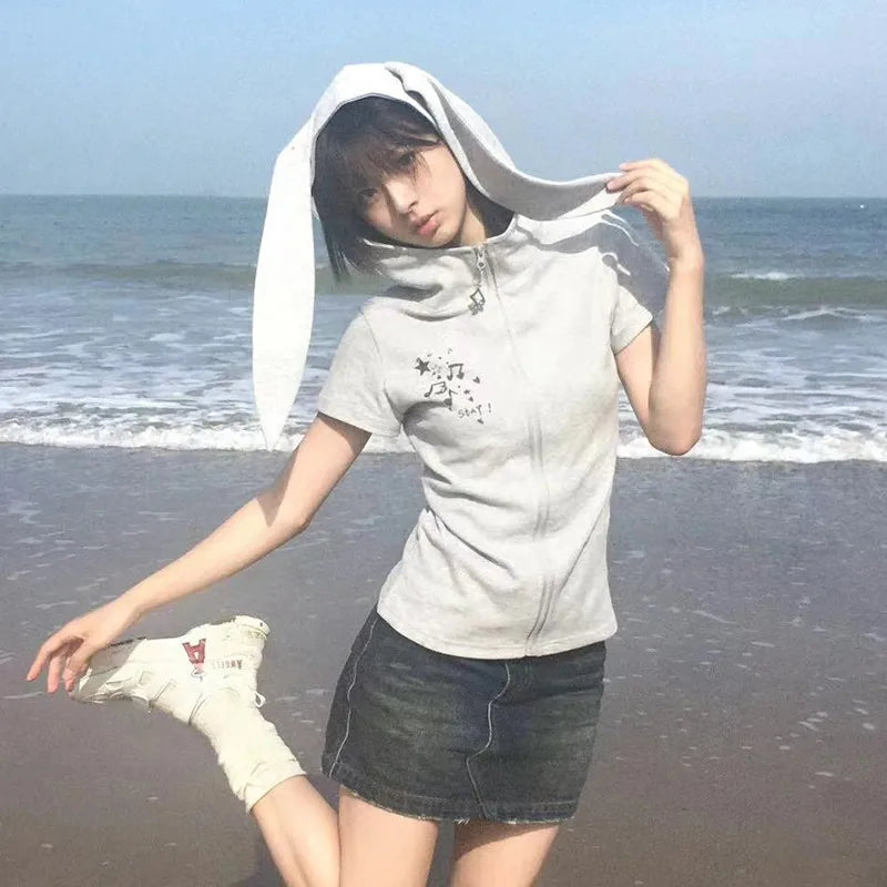 Y2K Hooded Tee – Rabbit-Ear Zip Harajuku Short-Sleeve Top