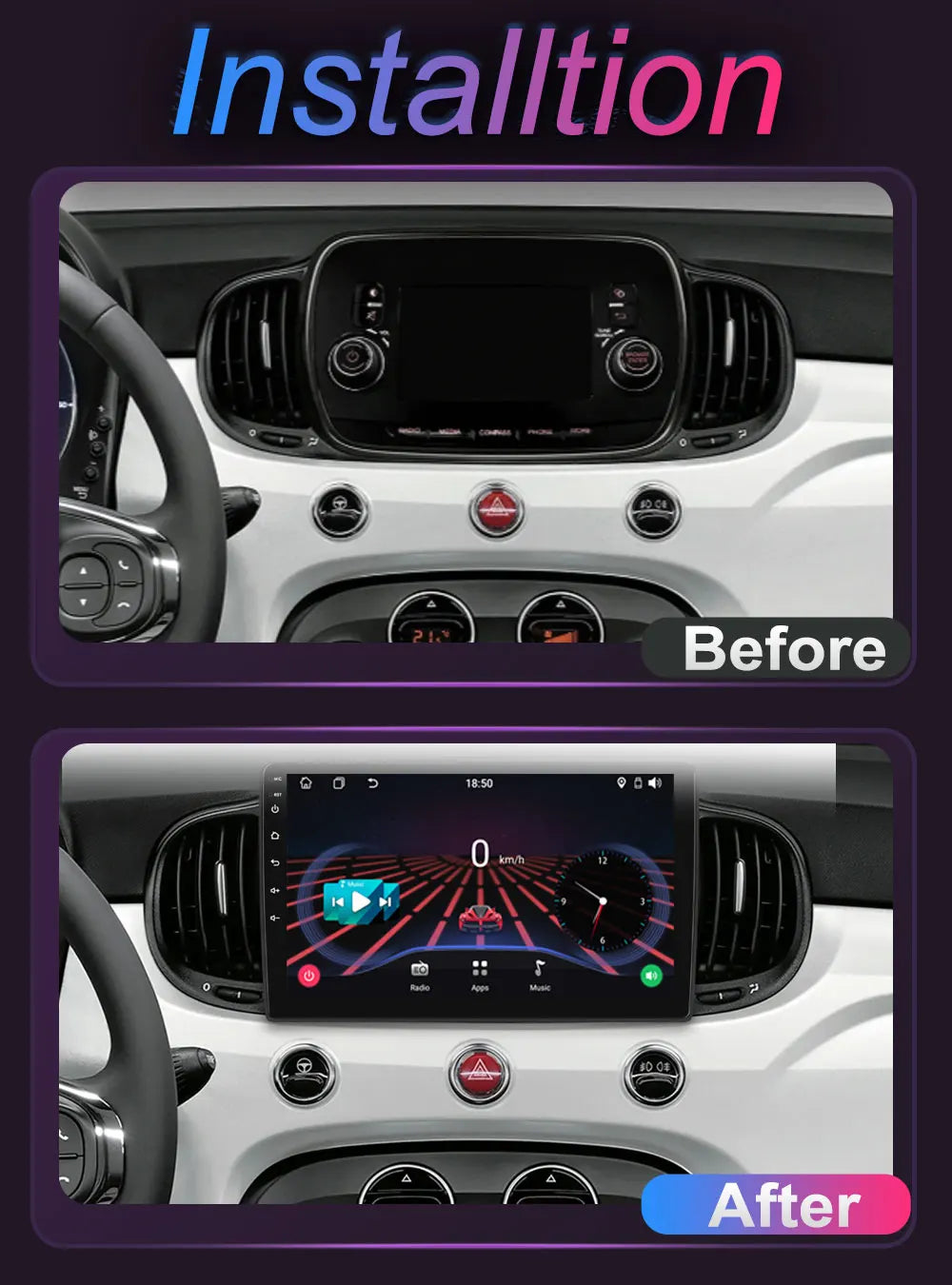 9 Inch 2 Din For Fiat 500 2016 2017 2018 2019 Carplay 4G Autoradio 360° Camera BT Smart Car Systems Carplay Auto Screen 5G Wifi