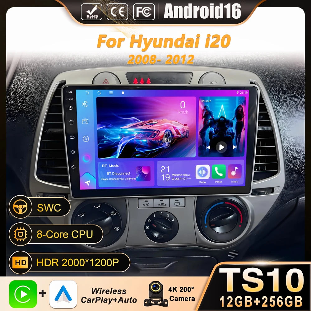 Android 16 Carplay For Hyundai i20 2008 2009 2010 2011 2012 Car Radio Stereo Multimedia Video Player DSP GPS 4G WIFI QLED Screen