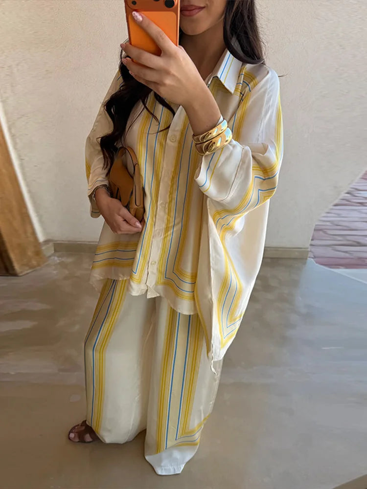 Striped Shirt & Wide-Leg Trousers Set — Women's 2-Piece