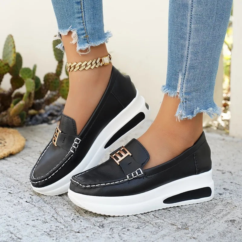 Round-Toe Vulcanized Sneakers for Women — Slip-On Platform Walking Shoes